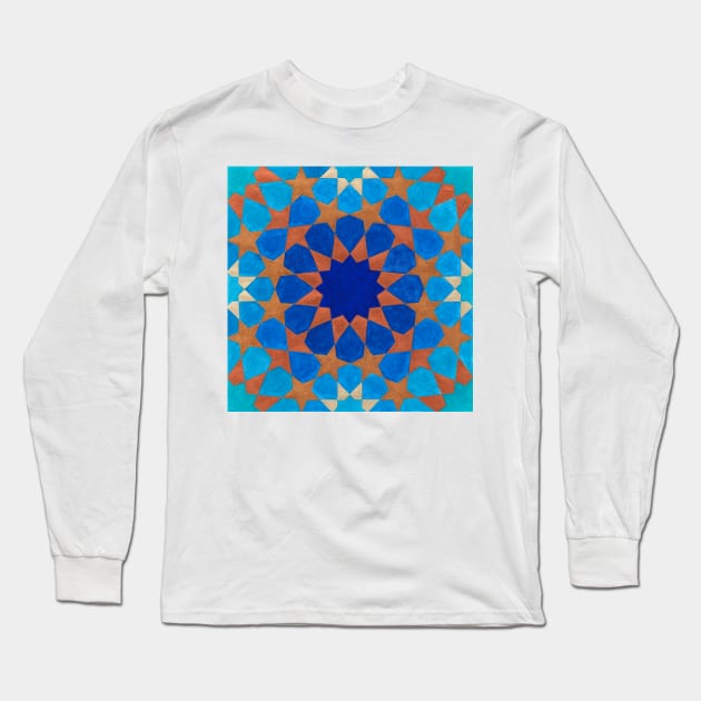 Blue and copper Islamic pattern Long Sleeve T-Shirt by LieveOudejans